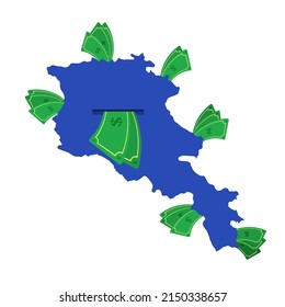 Armenia map in blue with money bills around. Money leaving the center of the country. Economy of armenian country. White background. Isolated. 