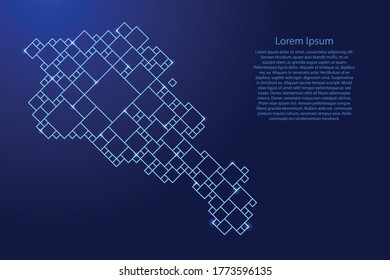 Armenien kartografiert aus blauem Muster aus einem Gitter von Quadraten unterschiedlicher Größe und leuchtenden Weltraumstars. Vektorgrafik.