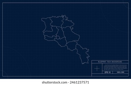 Armenia Map with Blueprint Tech Style Background.