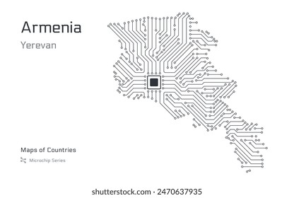 Armenia Map with a capital of Yerevan Shown in a Microchip Pattern with processor. E-government. World Countries vector maps. Microchip Series	