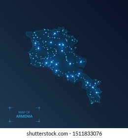 Armenia map with cities. Luminous dots - neon lights on dark background. Vector illustration. 