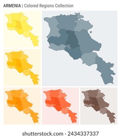 Armenia map collection. Country shape with colored regions. Blue Grey, Yellow, Amber, Orange, Deep Orange, Brown color palettes. Border of Armenia with provinces for your infographic.