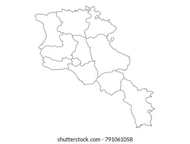armenia map with country borders, thin black outline on white background. High detailed vector map with counties/regions/states - armenia. contour, shape, outline, on white.