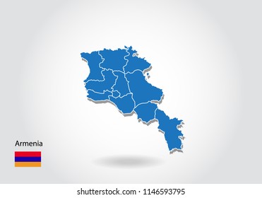armenia map design with 3D style. Blue armenia map and National flag. Simple vector map with contour, shape, outline, on white.