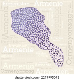 ARMENIA map design. Country names in different languages and map shape with geometric low poly triangles. Radiant vector illustration of Armenia.
