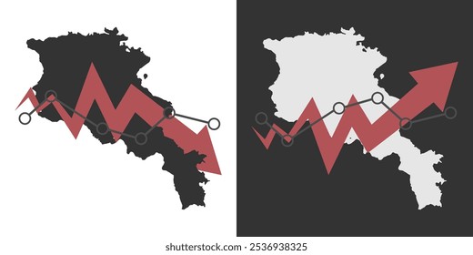 Armenia map with fall and recovery chart, statistics arrow. Vector illustration.