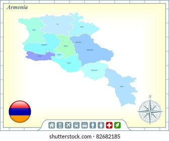 Armenia Map with Flag Buttons and Assistance & Activates Icons Original Illustration