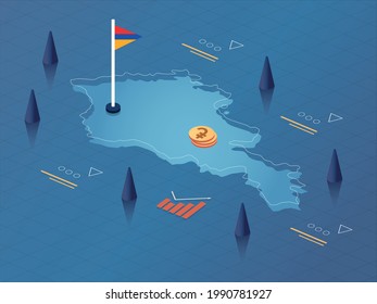 Armenia Map, Flag and Currency Modern Isometric Business and Economy Vector Illustration Design