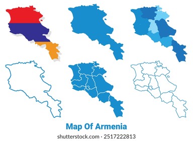 Armenia Map with flag and flat outline vector illustration set