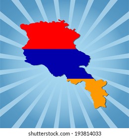Bandera de mapa de Armenia en ilustración de vector de explosión de sol azul