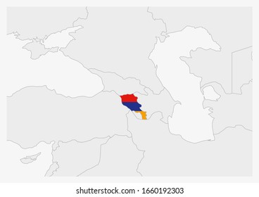 Mapa armenio destacado en los colores de la bandera armenia, mapa gris con los países vecinos.