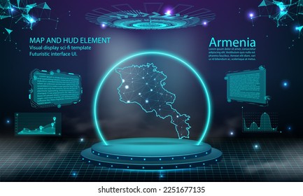armenia map light connecting effect background. abstract digital technology UI, GUI, futuristic HUD Virtual Interface with armenia map. Stage futuristic podium in fog.