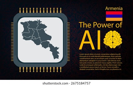 armenia map with microchip war and AI concept on circuit board, Power of AI with country map. Global connectivity with big data. Design for UI backgrounds or FinTech projects.