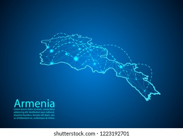 armenia map with nodes linked by lines. concept of global communication and business. Dark armenia map created from white dots with travel locations or internet connection.