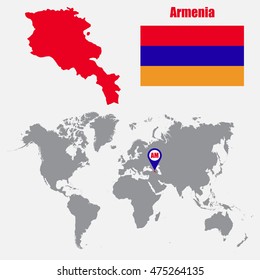 Armenia map on a world map with flag and map pointer. Vector illustration
