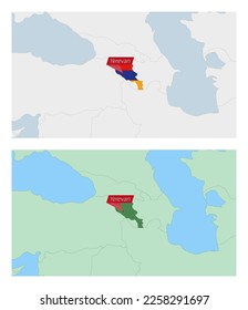 Armenia map with pin of country capital. Two types of Armenia map with neighboring countries. Vector template.