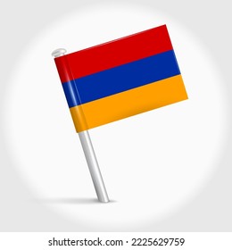 Armenia map pin flag icon. Armenian pennant map marker on a metal needle. 3D realistic vector illustration.