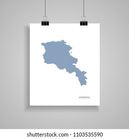 Armenia map poster.  Blue vector map on piece of paper with paper clip, on a gray background. 
