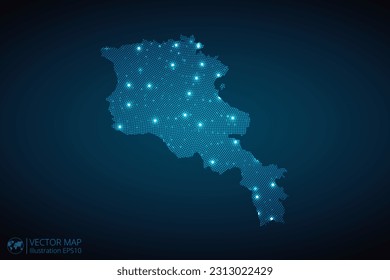 Armenia map radial dotted pattern in futuristic style, design blue circle glowing outline made of stars. concept of communication on dark blue background. Vector EPS10