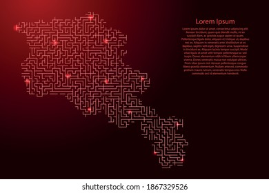 Armenia map from red pattern of the maze grid and glowing space stars grid. Vector illustration.