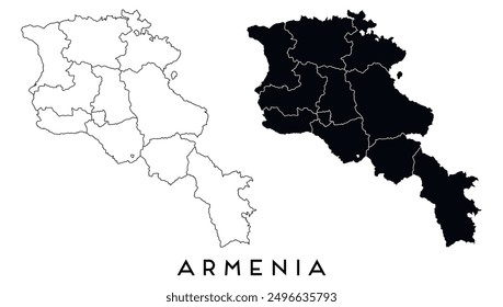 Armenia Mapa de regiones y distritos Vector negro sobre blanco y contorno