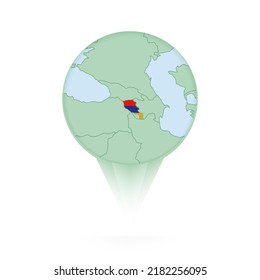 Armenia map, stylish location icon with Armenia map and flag. Green pin icon.
