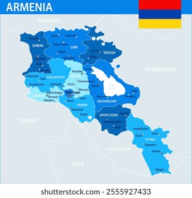 Armenia Map Vector Blue Spot - Customizable layered political map of Armenia with administrative divisions for website, education, reports, news, politics, print, poster and wallpaper