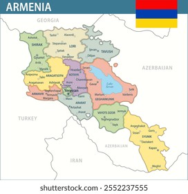 Armenia Map Vector New 2024 Colorful - Customizable layered political map of Armenia with administrative divisions for website, education, reports, news, politics, print, poster and wallpaper