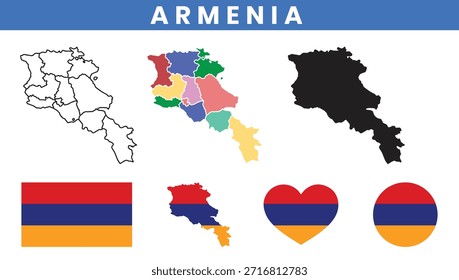 Vetor de mapa da Armênia com províncias e conjunto de bandeira nacional
