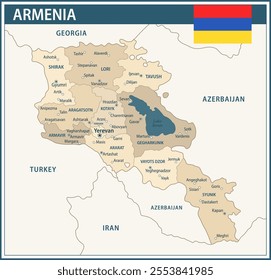 Armenia Map Vector Vintage Dark Blue Beige - Customizable layered political map of Armenia with administrative divisions for website, education, reports, news, politics, print, poster and wallpaper