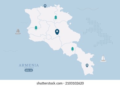 Mapa de Armenia -Mapa Mundial Plantilla vectorial internacional Alto detallado con color blanco aislado en fondo azul incluyendo punto de ubicación simple, árbol, icono del barco - Ilustración vectorial eps 10