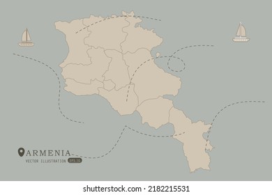 Mapa de Armenia - Mapa Mundial Plantilla vectorial Internacional Alto detallado con color marrón aislado en fondo gris incluyendo punto simple de ubicación, viento, icono del barco - Ilustración vectorial eps 10