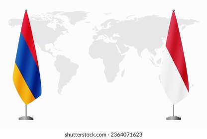 Armenia  and Monaco flags for official meeting against background of world map.