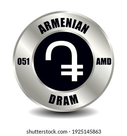 Armenia money icon isolated on round silver coin. Vector sign of currency symbol with international ISO code and abbreviation