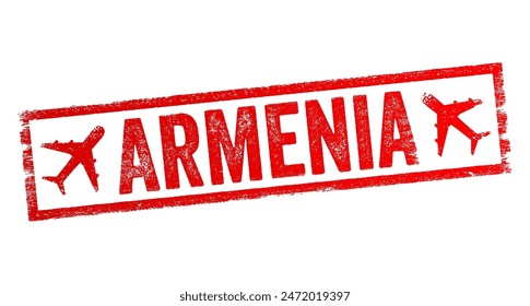 Armenia is a nation, and former Soviet republic, in the mountainous Caucasus region between Asia and Europe, text emblem stamp with airplane