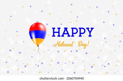 Armenia National Day patriotic poster. Flying Rubber Balloon in Colors of the Armenian Flag. Armenia National Day background with Balloon, Confetti, Stars, Bokeh and Sparkles.