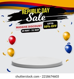 Armenia national day sale promotion banner, flag ribbon, confetti and balloons in country flag colors, independence day sale