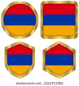 Armenia National Flag Collection Set of Circular, Square, Shield, Hexagon Gold Border Logo Button Icon Vector Design Isolated on White Background