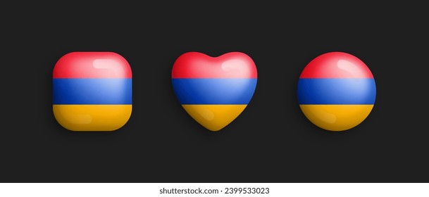 Armenia Official National Flag 3D Vector Glossy Icons In Rounded Square, Heart And Circle Form Isolated On Background. Armenian Sign And Symbols Graphic Design Elements Volumetric Buttons Collection