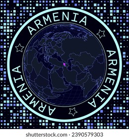Armenia on globe vector. Futuristic satellite view of the world centered to Armenia. Geographical illustration with shape of country and squares background. Bright neon colors on dark background.