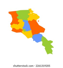 Armenia political map of administrative divisions - provinces and autonomous city of Yerevan. Blank colorful vector map.