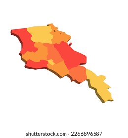 Armenia political map of administrative divisions - provinces and autonomous city of Yerevan. 3D map in shades of orange color.