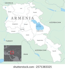 Armenia province map with names, most important cities and national borders