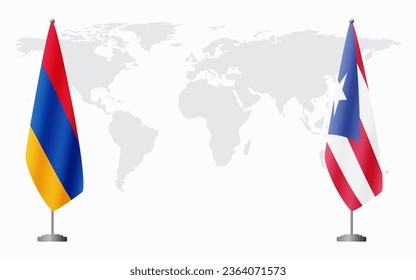 Armenia  and Puerto Rico flags for official meeting against background of world map.