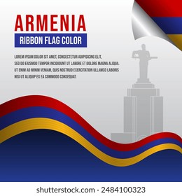 Armenia ribbon flag with Mother Armenia Statue silhouette and decoration