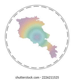 Armenia round logo. Digital style shape of Armenia in dotted circle with country name. Tech icon of the country with gradiented dots. Cool vector illustration.