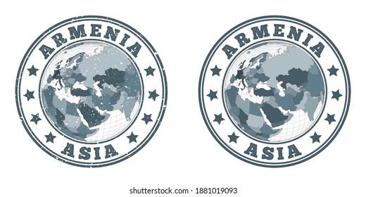 Armenia round logos. Circular badges of country with map of Armenia in world context. Plain and textured country stamps. Vector illustration.