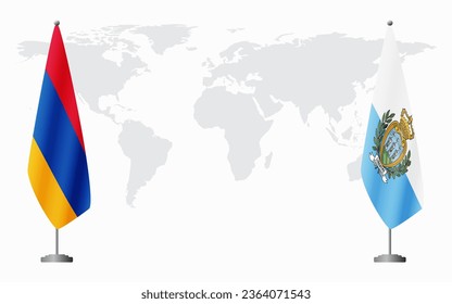 Armenia  and San Marino flags for official meeting against background of world map.