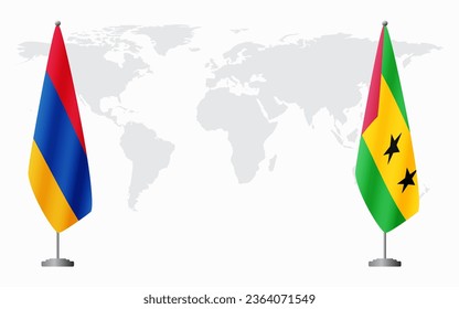Armenia  and Sao Tome and Principe flags for official meeting against background of world map.