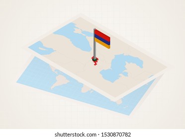 Armenia selected on map with isometric flag of Armenia. Vector paper map.